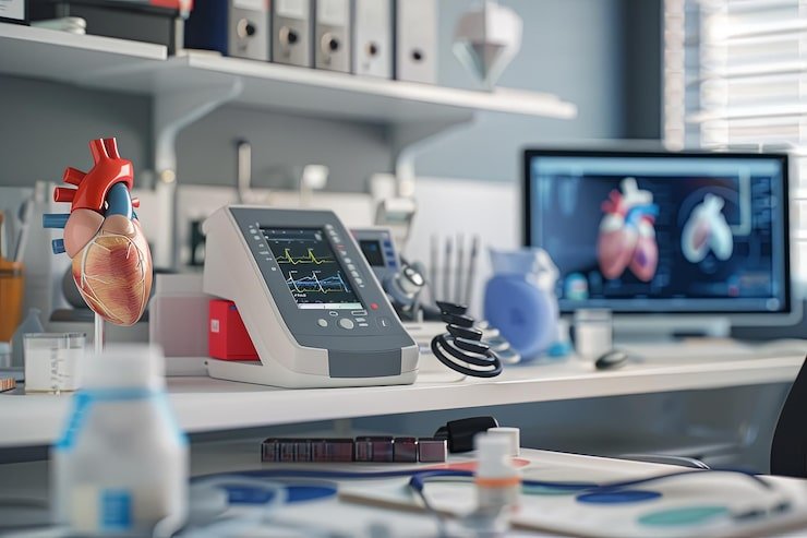 closeup-view-cardiologists-office-desk-with-ecg-machine-anatomical-heart-models-other-medical-equipment-highlighting-focus-heart-health-care-generative-ai_262708-27604